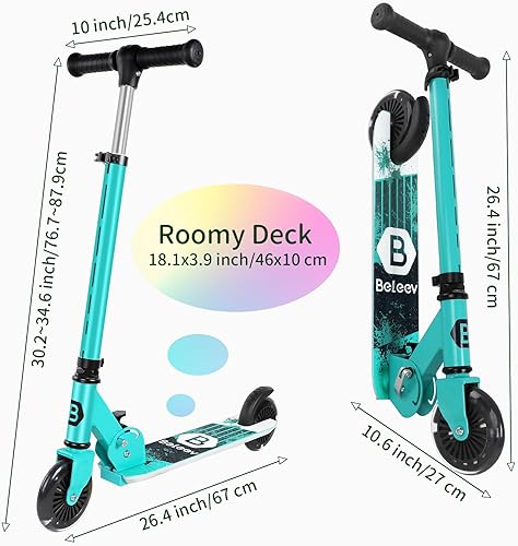 Miniatura 7 de BELEEV V2 Scooters para niños con ruedas iluminadas, vástago y cubierta, scooter plegable de 2 ruedas para niñas y niños, 3 alturas ajustables,