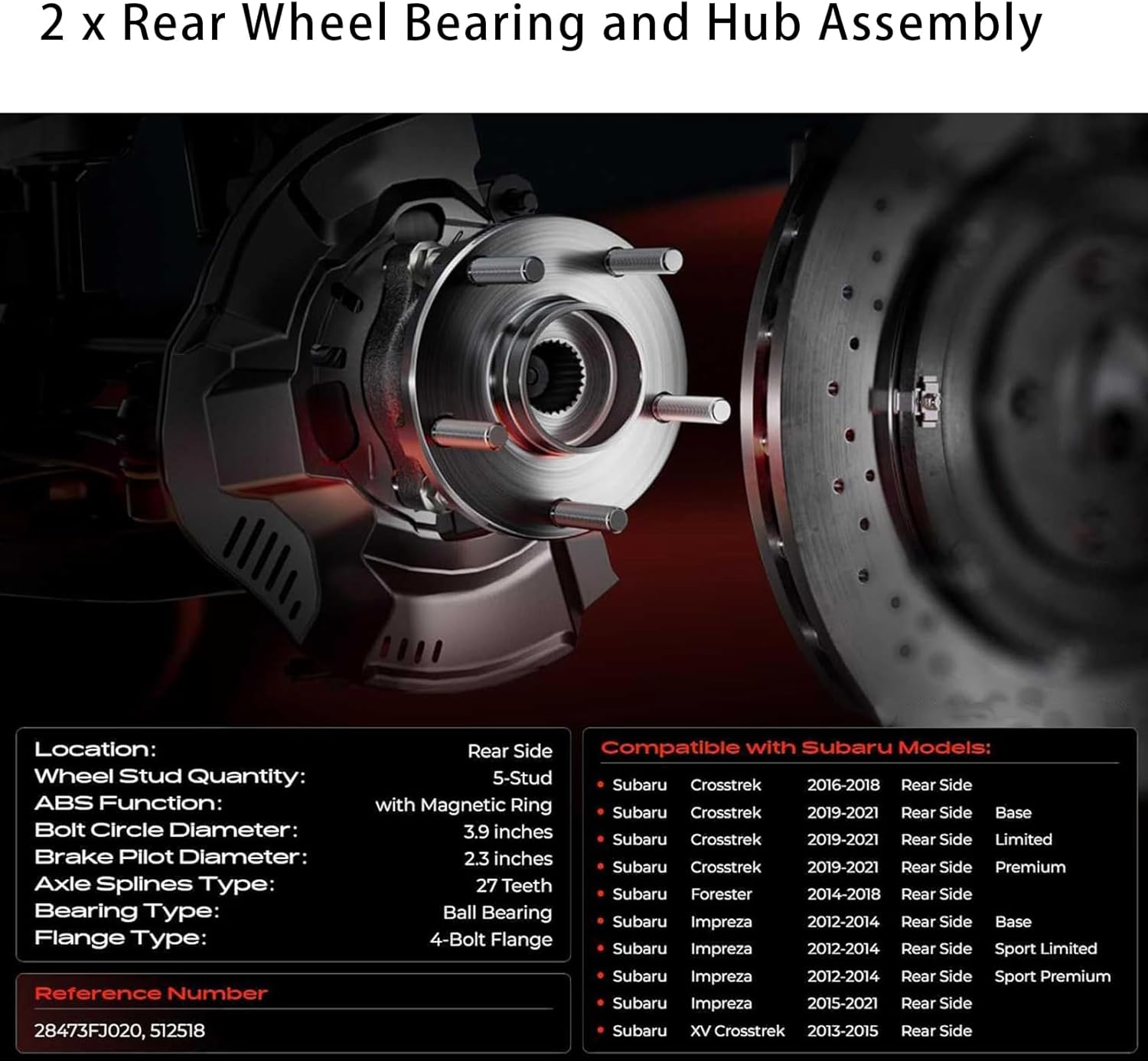 2Pcs Rear Wheel Bearing and Hub Assembly with 5 Lugs 512518 for Subaru Forester, Crosstrek, Impreza, XV Crosstrek Low-Runout OE Directly Wheel Hub Bearing Assembly, 28473FJ020 HA590522 BR930928