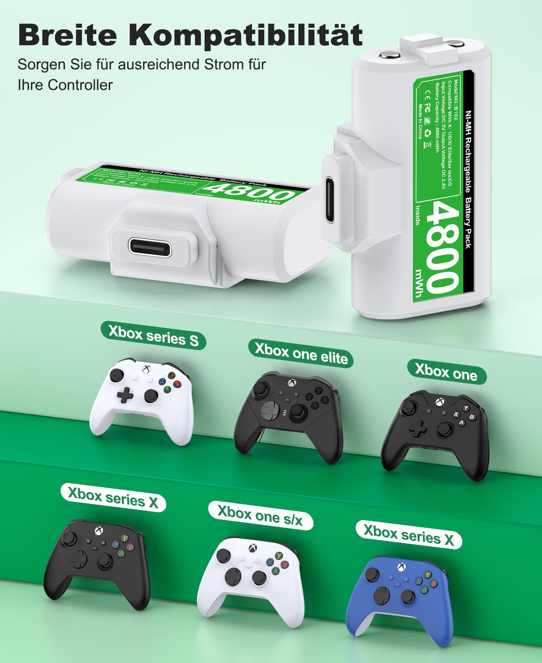 Akku für Xbox Controller, 2 x 4800mWh Wiederaufladbare Akku für Xbox Series X Controller mit 4 Batterie Abdeckung für X- Series X/S/X-One/One S/X/Elite - 3