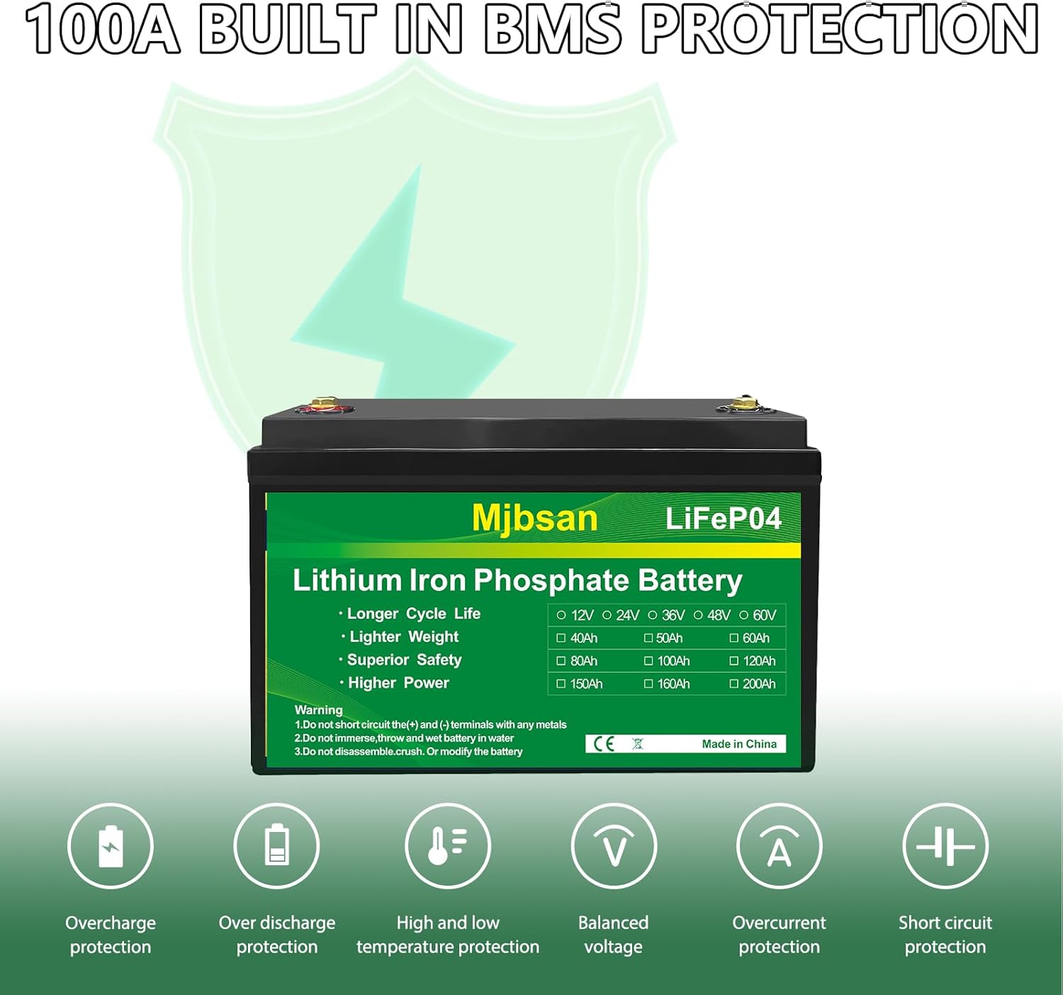 Mjbsan LiFePO4 Battery 12V 100Ah Lithium Battery, Built-in 100A BMS,Max 1280Wh, Up to 15000 Deep Cycles Battery with 10 lifespan Years, for RV,Camper, Solar, Energy Storage, Trolling Motors, Boats