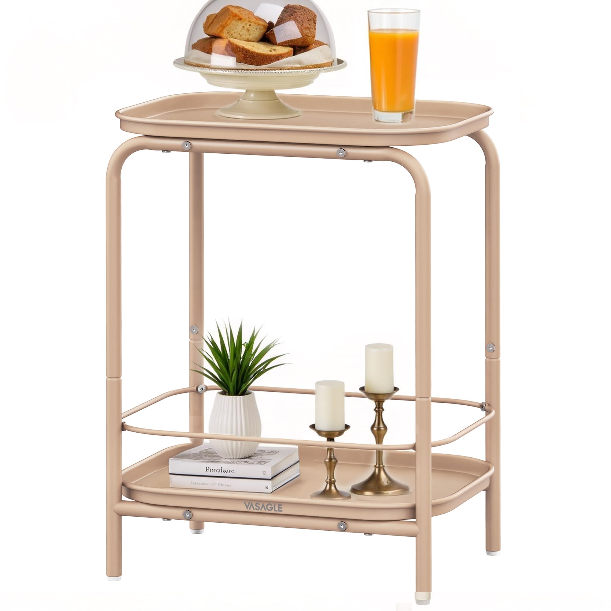VASAGLE 2-Tier Outdoor Table, Small Side End Table with Tray Storage, Bedside Nightstand for Living Room, Bedroom, Modern Style, Camel Brown ULET243K01