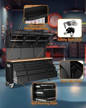 72'' Rolling Tool Chest with 15 Drawers and Wheels, Heavy-Duty Tool Cabinet, Mobile Workbench for Garage, Repair Shop and Tool Room, Black