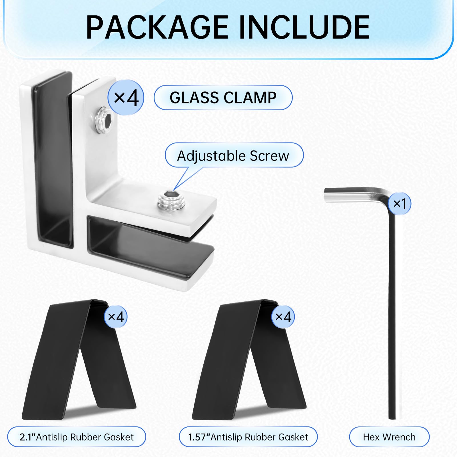 Paquete de 4 clips de acero inoxidable para estantes de cristal, 10 mm, 13,5 mm, soportes ajustables de 90 grados, para barandillas, balcones, escaleras, diseño moderno
