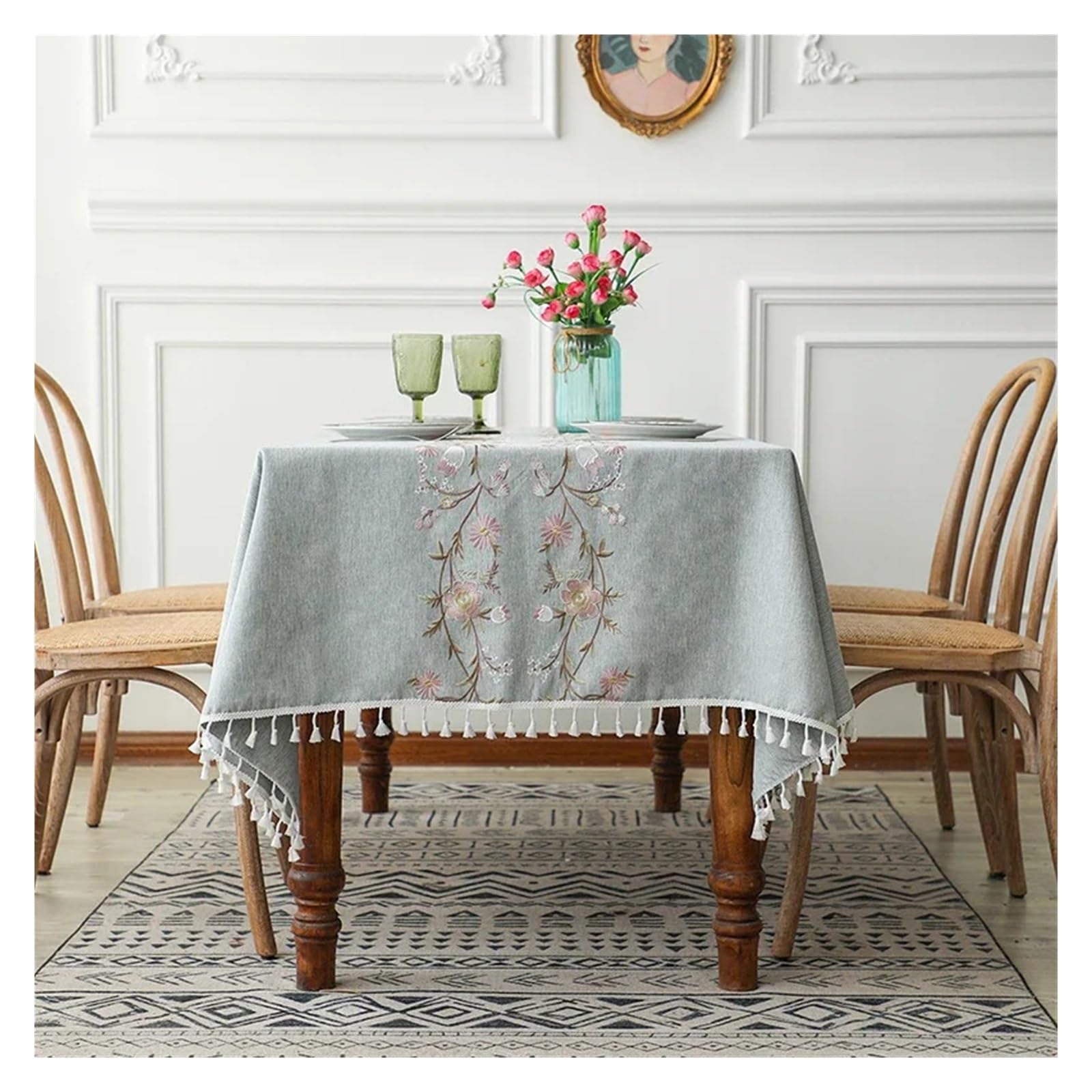 Mzsklw Blue B Waterproof Tablecloth Rustic Embroidery Tablecloths Cotton Linen Pattern Rectangle Waterproof Table Covers For Kitchen Living Room Decor(,140X300cm 1Pc)