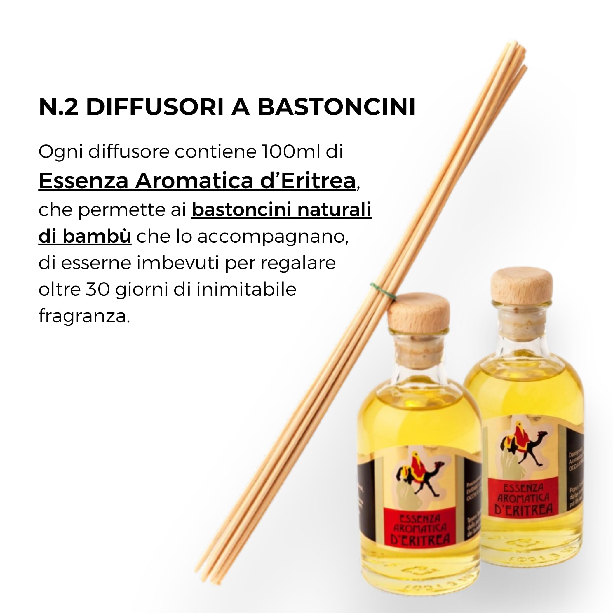 Carta d'Eritrea Set 2 Diffusori Ambiente 100ml Bastoncini Bambù | Kit 2x100ml in vetro con essenza aromatica atossica. Diffonde una fragranza che purifica l'aria durando oltre 30 giorni.