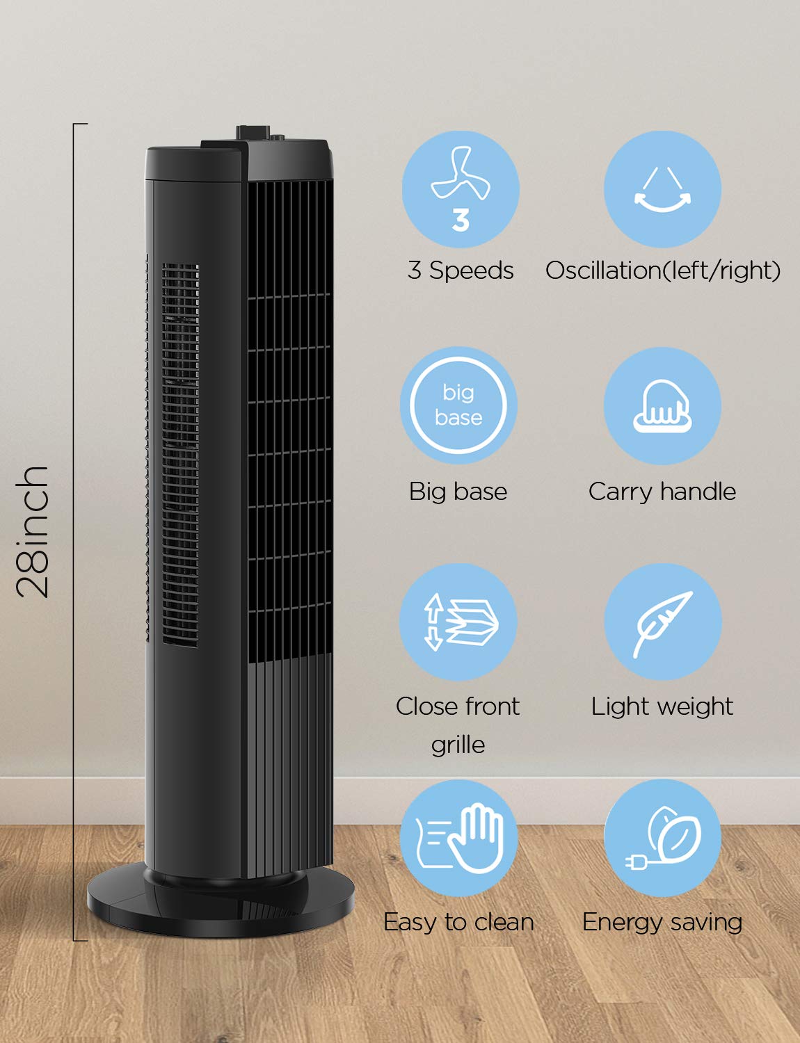 PELONIS FZ10-19MB Quiet Tower Fan, 3 Speeds，60° Oscillation for Home and  Office, Black, 28-Inch : Home u0026 Kitchen - Amazon.com