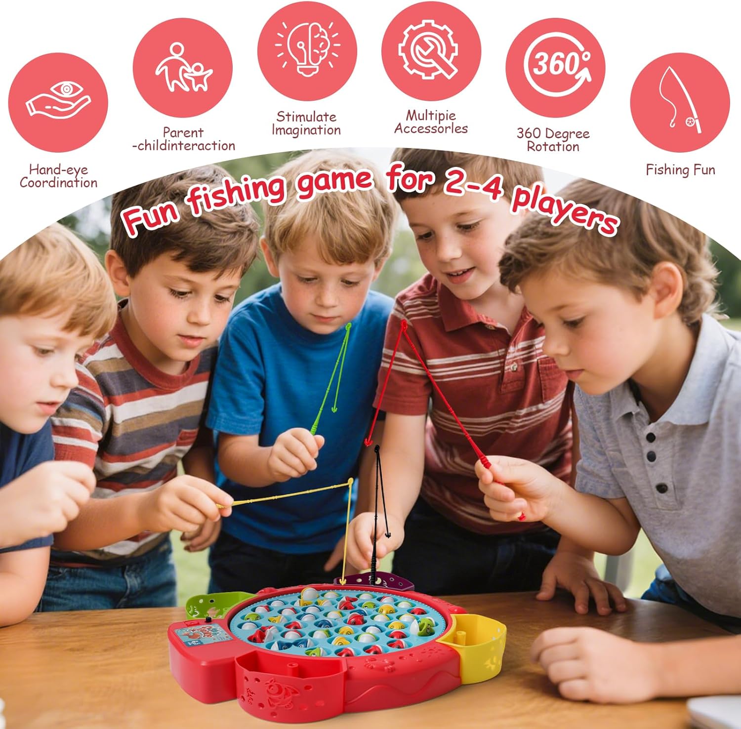 Fishing Games for Kids with 45 Fish and 4 Poles-Fishing Toy for Toddlers with 360° Rotation Board&Music,1-4 Players,Ages 3+