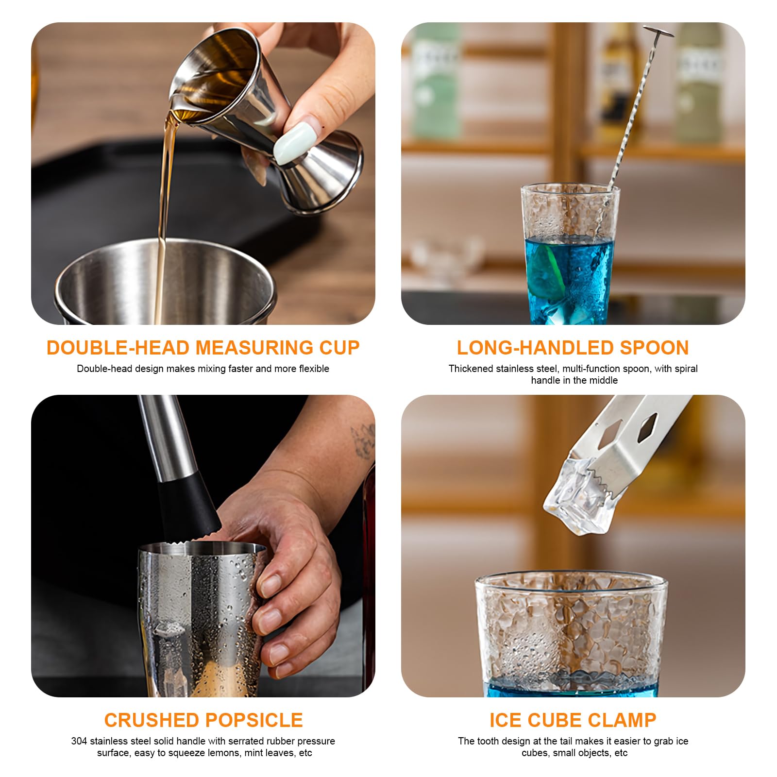 Kit da barman da 9 pezzi con supporto in bambù: set di shaker per cocktail per casa e bar, accessori da barista (M)