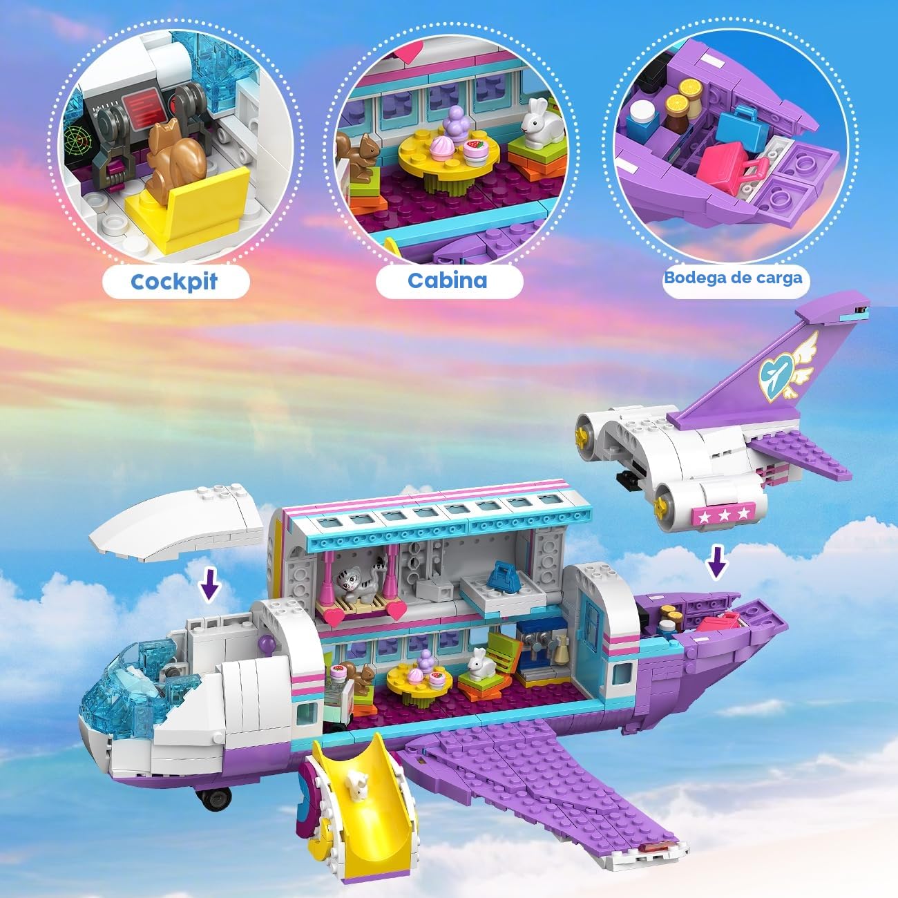 HOGOKIDS - 3 en 1 Friends Juego de construcción de Aviones - 808 Piezas de Bloques de Construcción de avión/Barco/Caravana con 6 minianimales, Tobogán y Pegatinas, Regalos para para niños y niñas