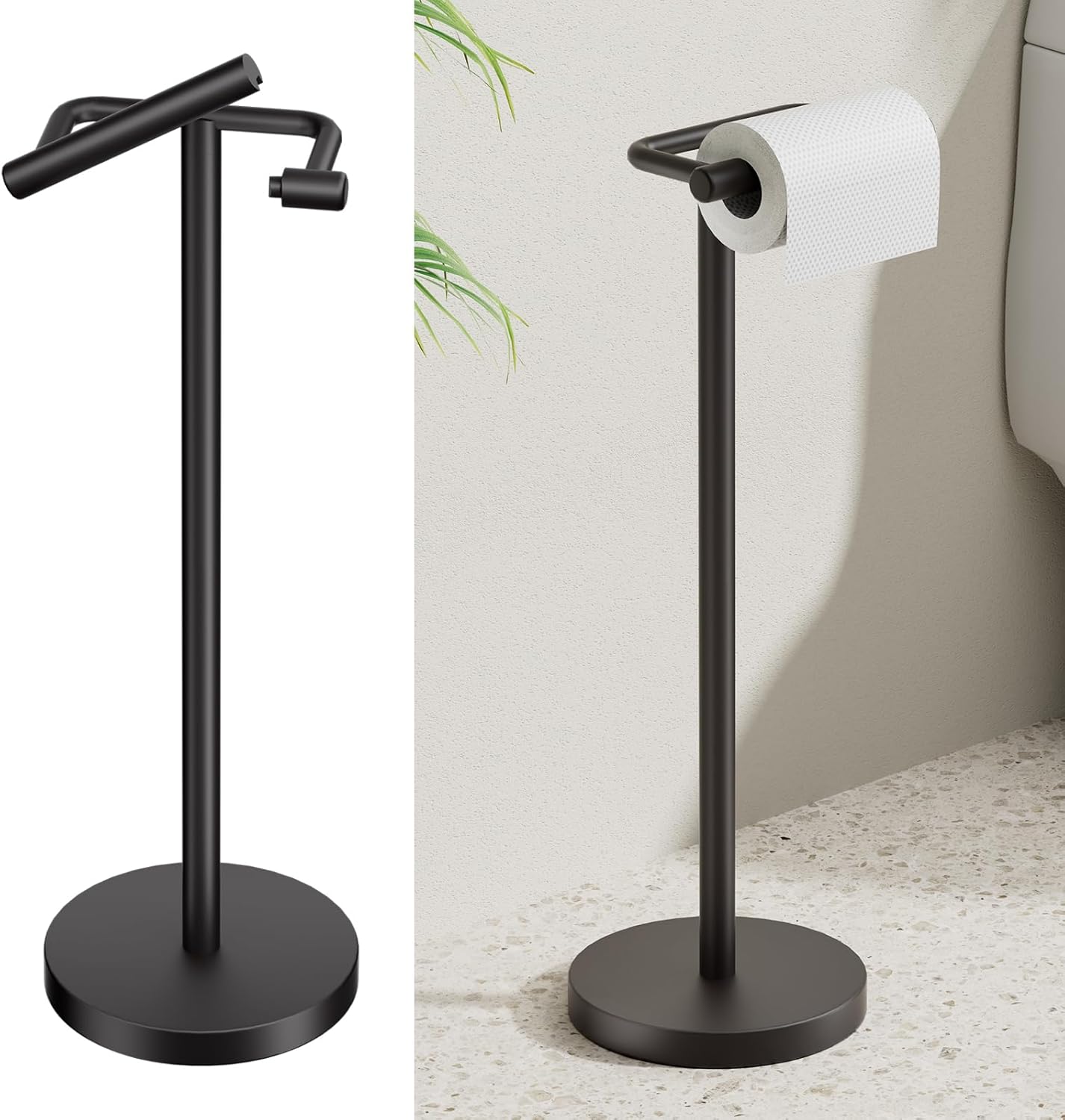 BESy Toilet Paper Holder Stand Modern Freestanding Tissue Roll Holder for Bathroom Floor Pivoting Tissue Rack Hardware Accessories Design Durable SUS 304 Stainless Steel and Weighted Base Matte Black