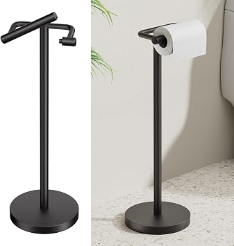 BESy Matte Black Freestanding Toilet Paper Holder Stand Free Standing | SUS 304 Stainless Steel Tissue Rack with Pivoting Arm & Weighted Base for Bathroom