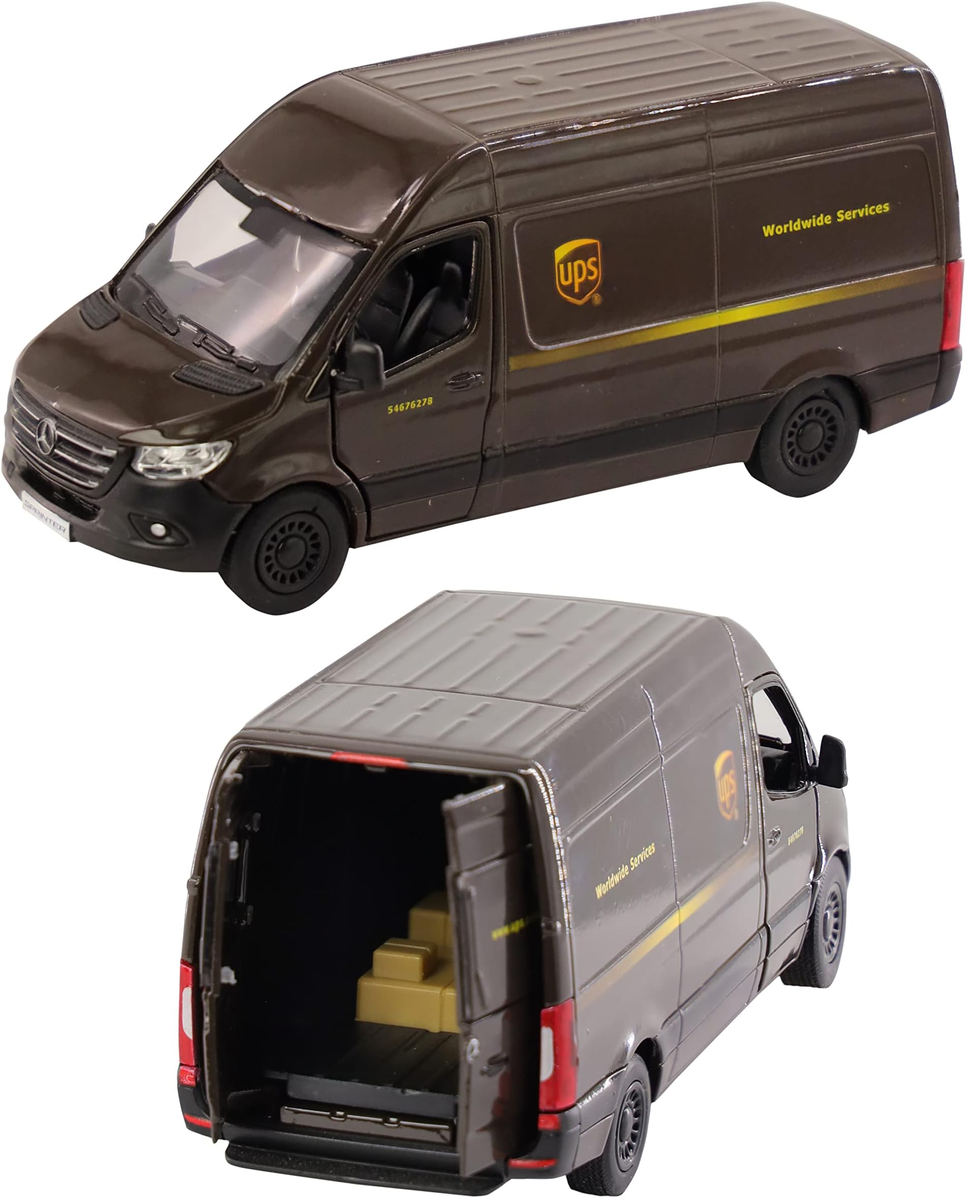 D.A.Y. Republic Official Licensed Mercedes Benz Sprinter UPS Panel Van - 1:48 Scale, with Open and Close Doors, Metal Die Cast, Pull Back and Go, Action Toy Collectors Model