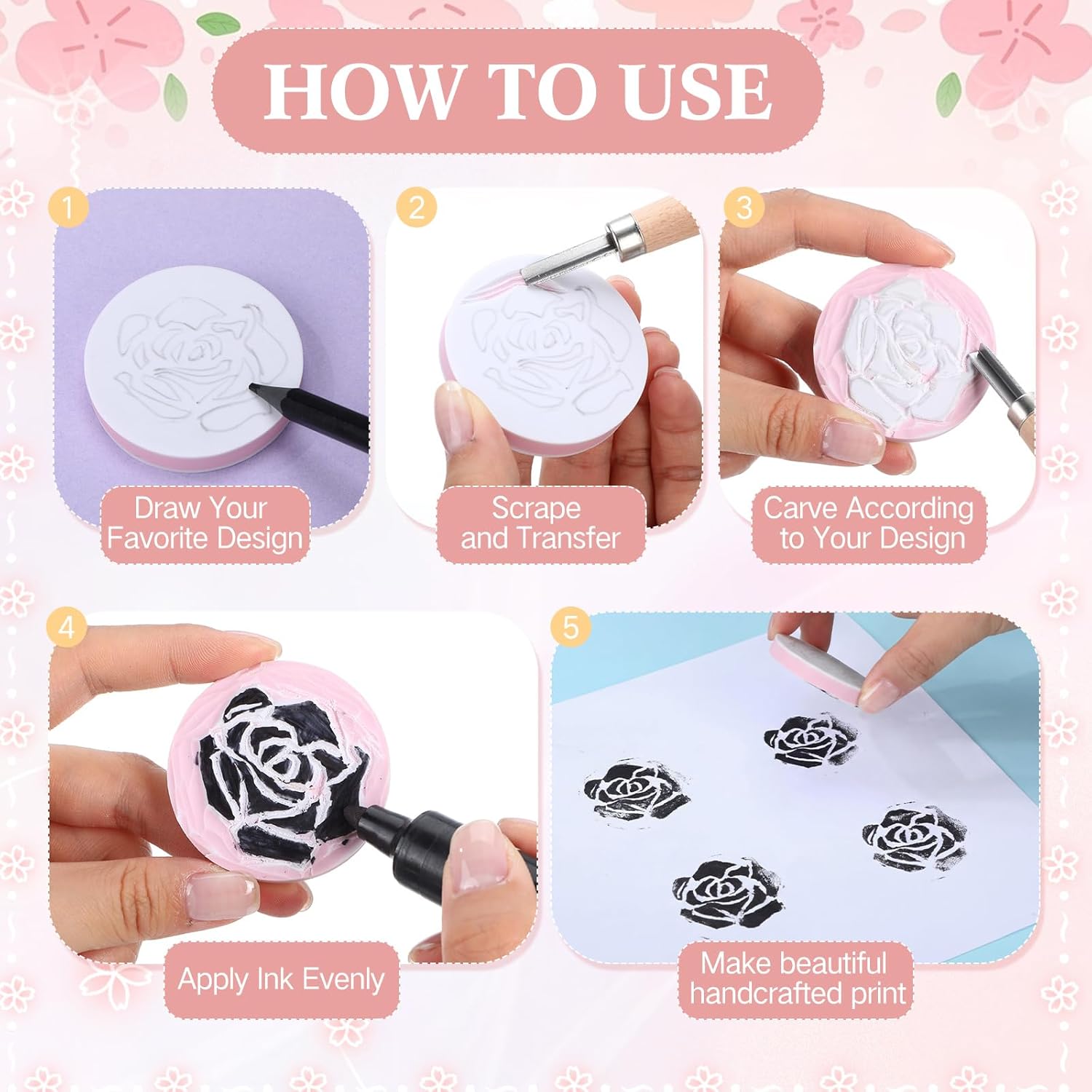 Innconee 18 Pcs Rubber Stamp Carving Blocks Linoleum Blocks 4"x6" and 2"x2" Round Square Rectangle Block Carving Kit for Stamp Crafts DIY Project (Pink and White)