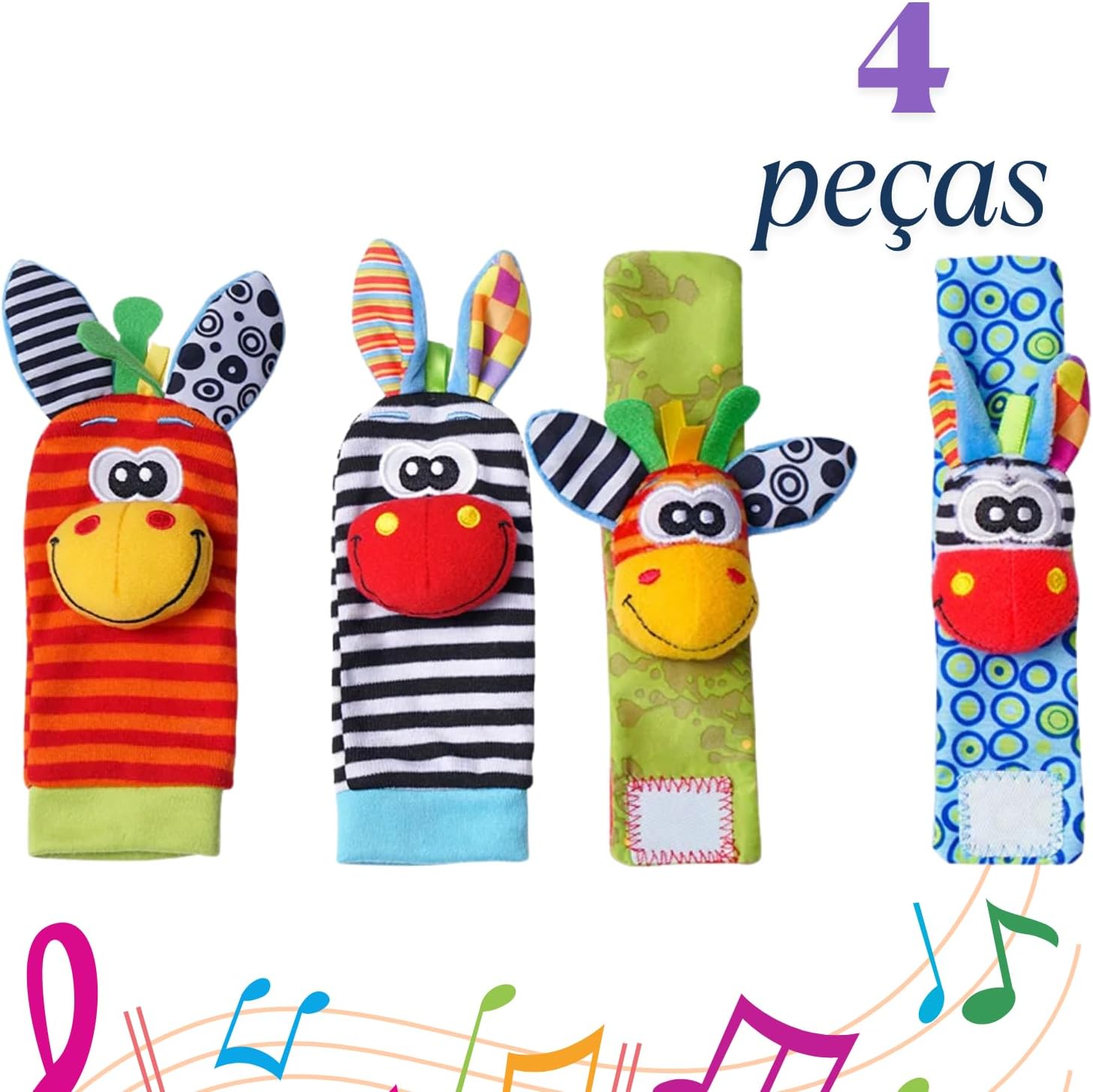 Combo 2 Meias e 2 Pulseiras Bebê com Chocalhos 0 a 12 Meses Menina Menino Conforto e Diversão (Animais)