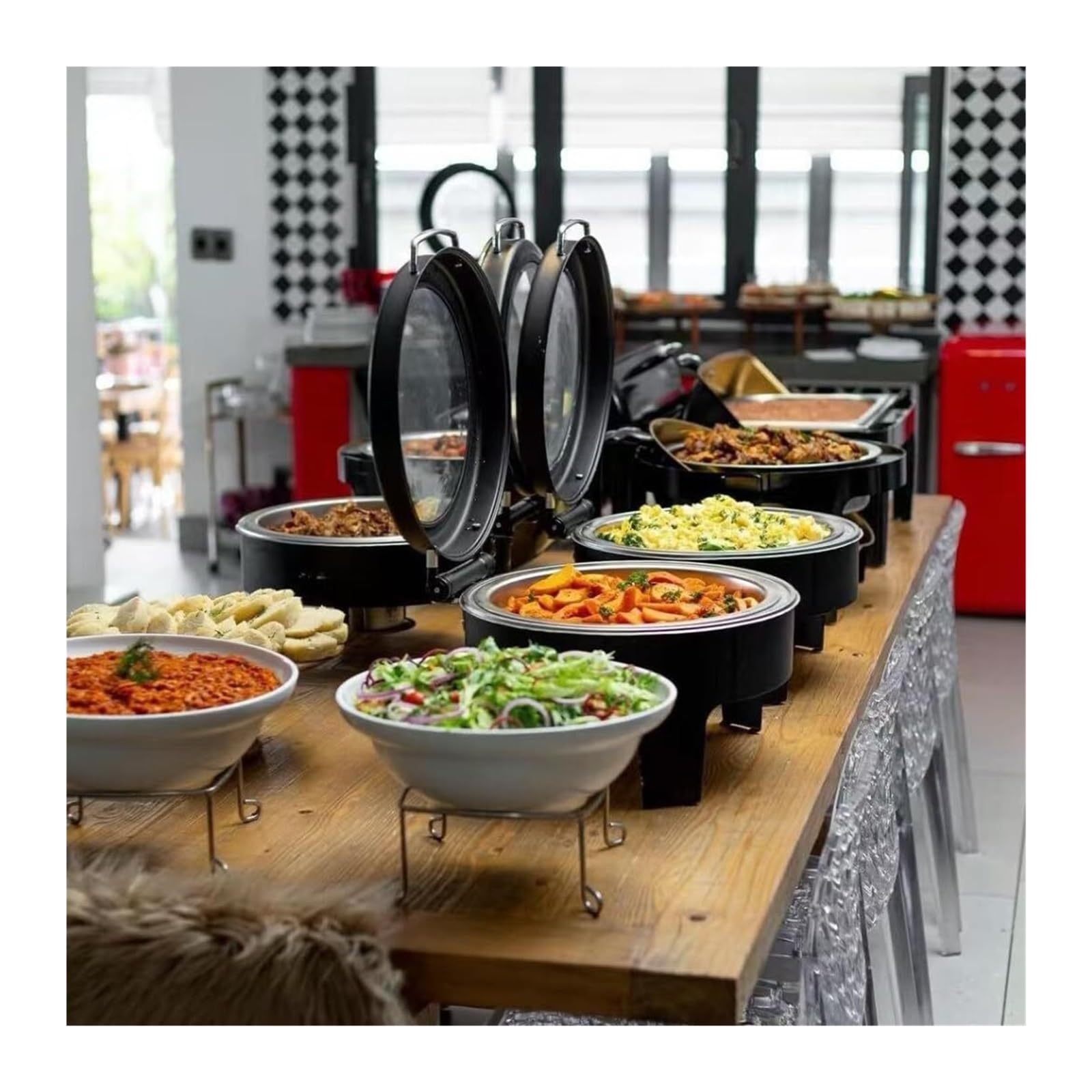 Scaldavivande neri rotondi in acciaio inossidabile Cucina a buffet | Buffet for Feste con Coperchio Idraulico Trasparente, Scalda Buffet