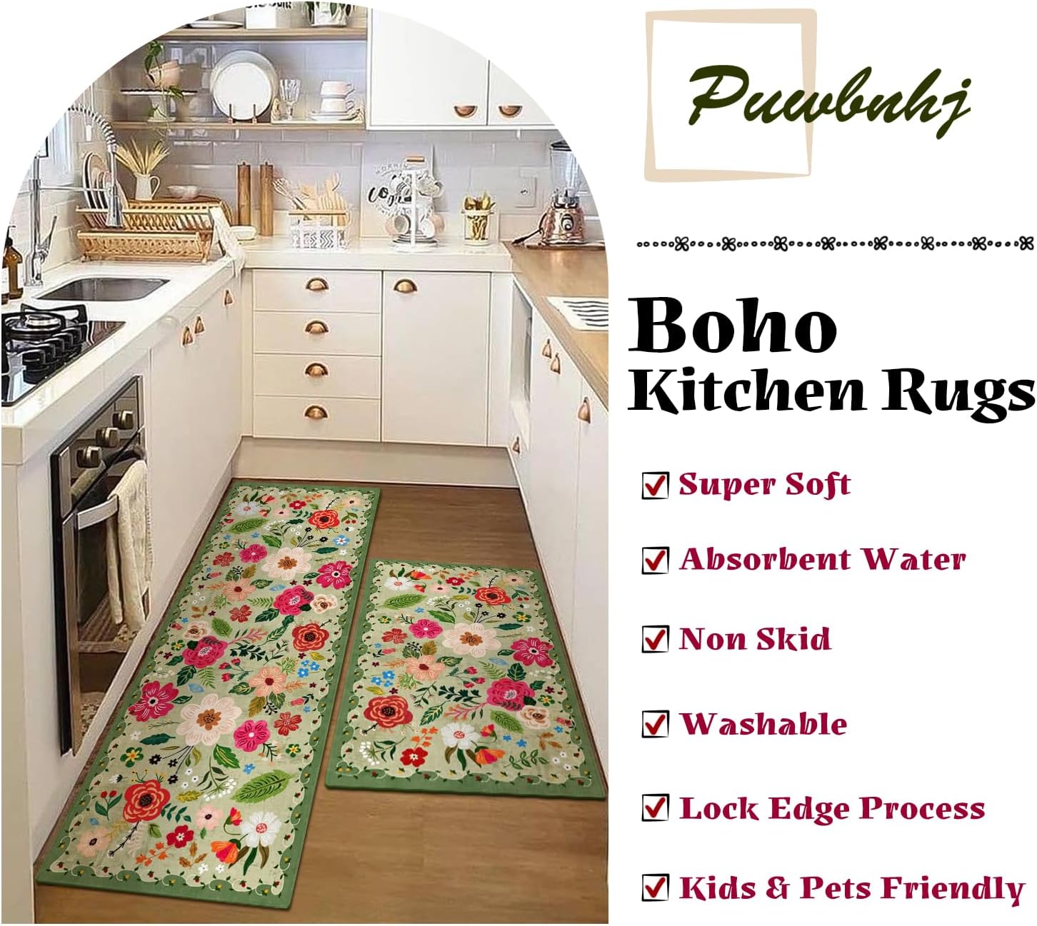 Kitchen Rugs and Mats Non Skid Washable Set of 2,Boho Floral Modern Farmhouse Bohemian Kitchen Runner Rugs with Rubber Backing for Kitchen Decor and Accessories (Green 17"x47"+17"x30")