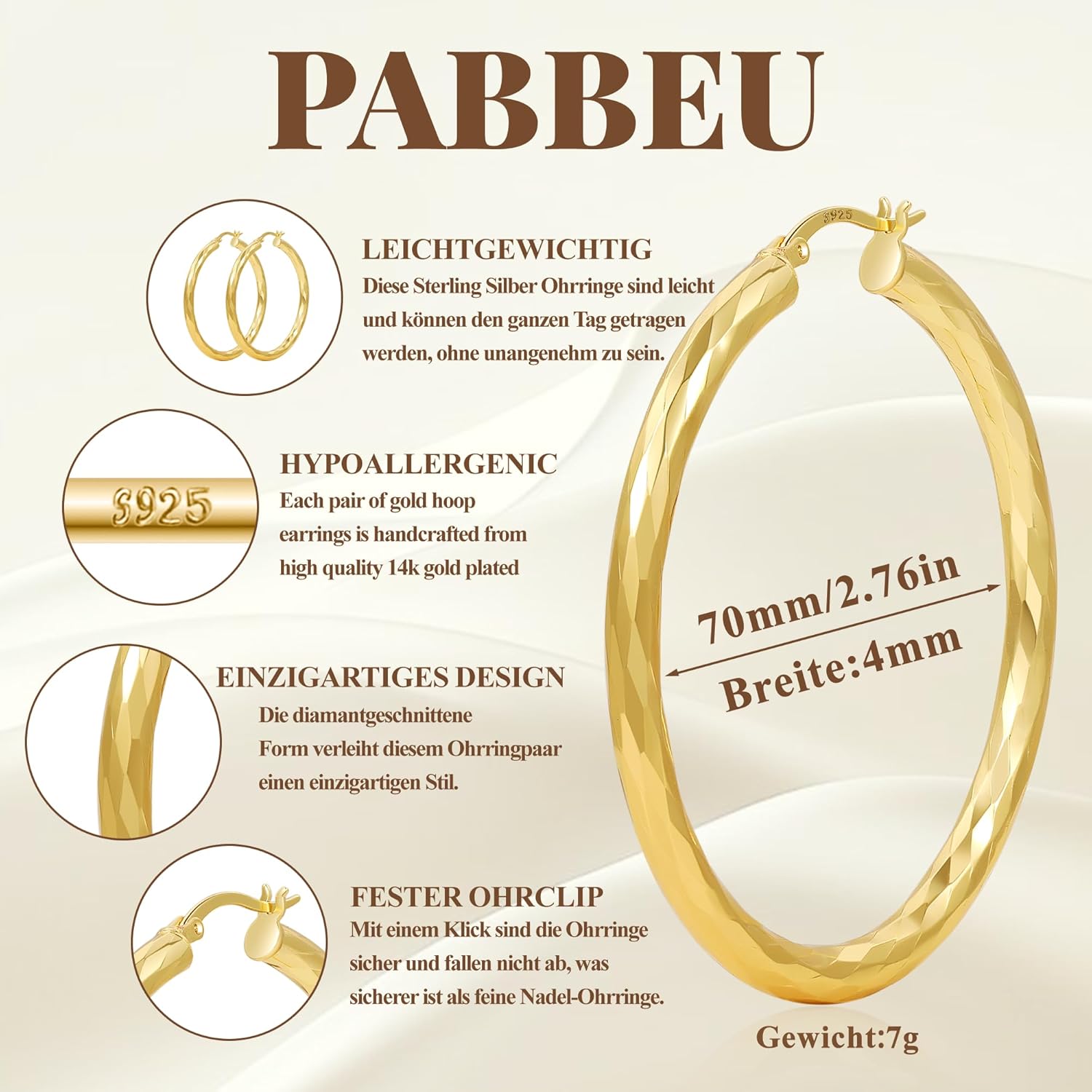 PABBEU Gold Hoop Earrings for Women Hypoallergenic 14k Gold Plated Hoop Earrings Lightweight 925 Sterling Silver Hoops Diamond-Cut Large Hoop Earrings 30/50/70mm - Image 2