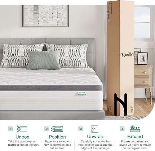 Miniatura 6 de Novilla Colchón tamaño King, colchón King de 12 pulgadas en una caja con resortes interiores de bolsillo individual, alivio de presión y aislamiento