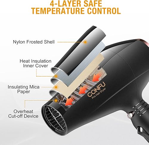 Miniatura 7 de Secador de pelo iónico, CONFU profesional de salón con motor de corriente alterna, con difusor y 2 accesorios de boquilla concentradora y enchufe de