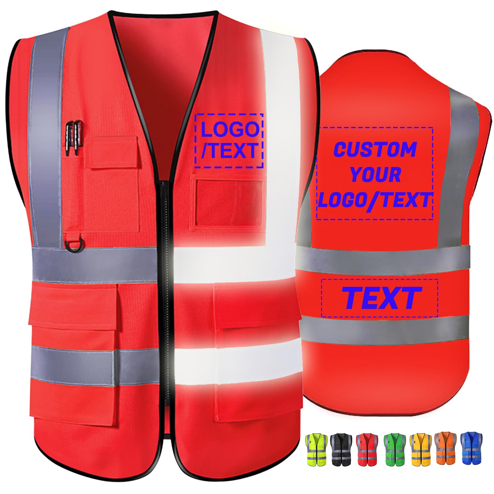 Xihedfd Custom Safety Vest Personalized High Visibility Reflective Vests with Logo Pockets Zipper for Men Women Class 2