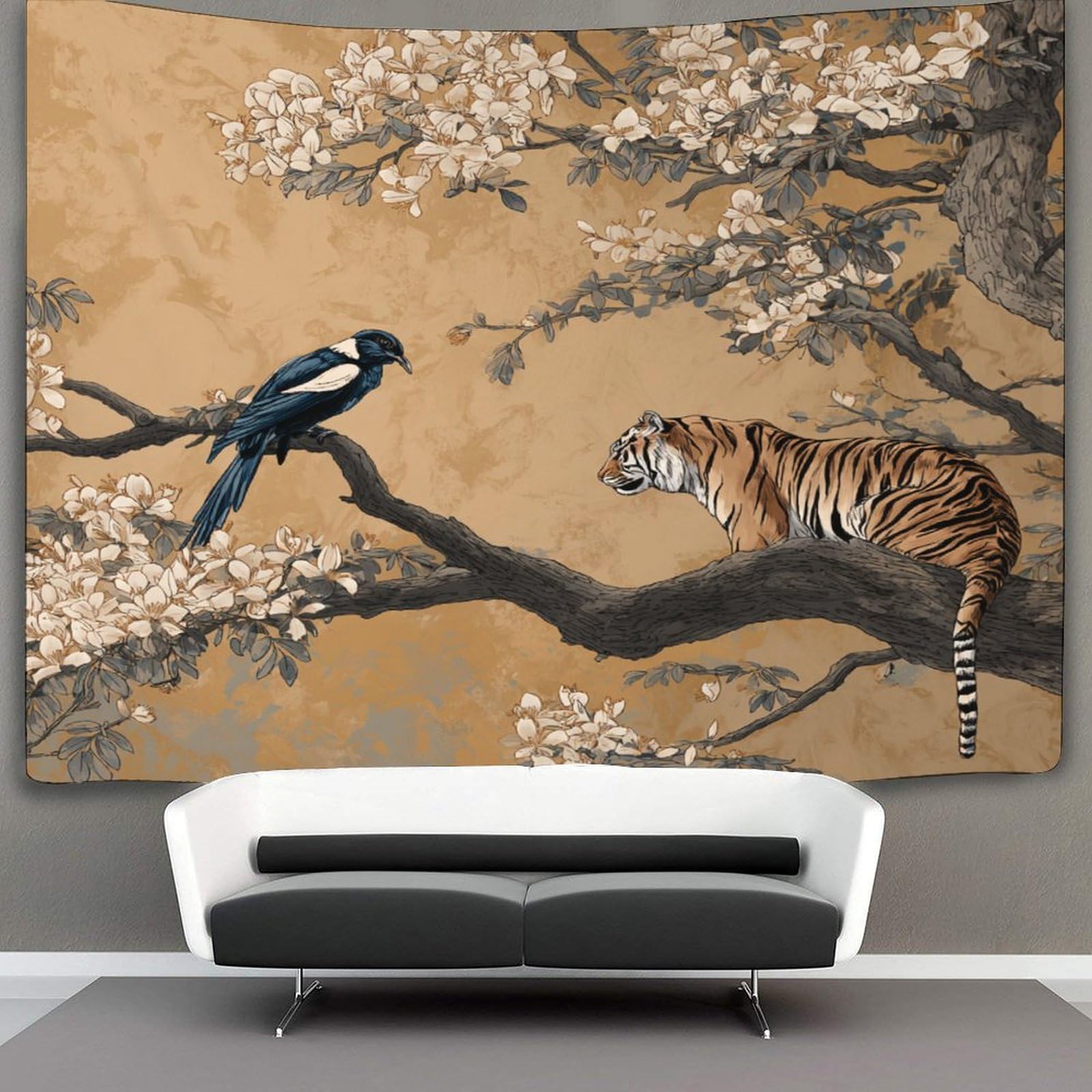 kaiyun Beautiful Magpie Looking Down at Tiger on A Branch Decor Tapestry, Wall Art Tapestries Wall Hangings for Living Room Bedroom Dorm 180cmx230cm