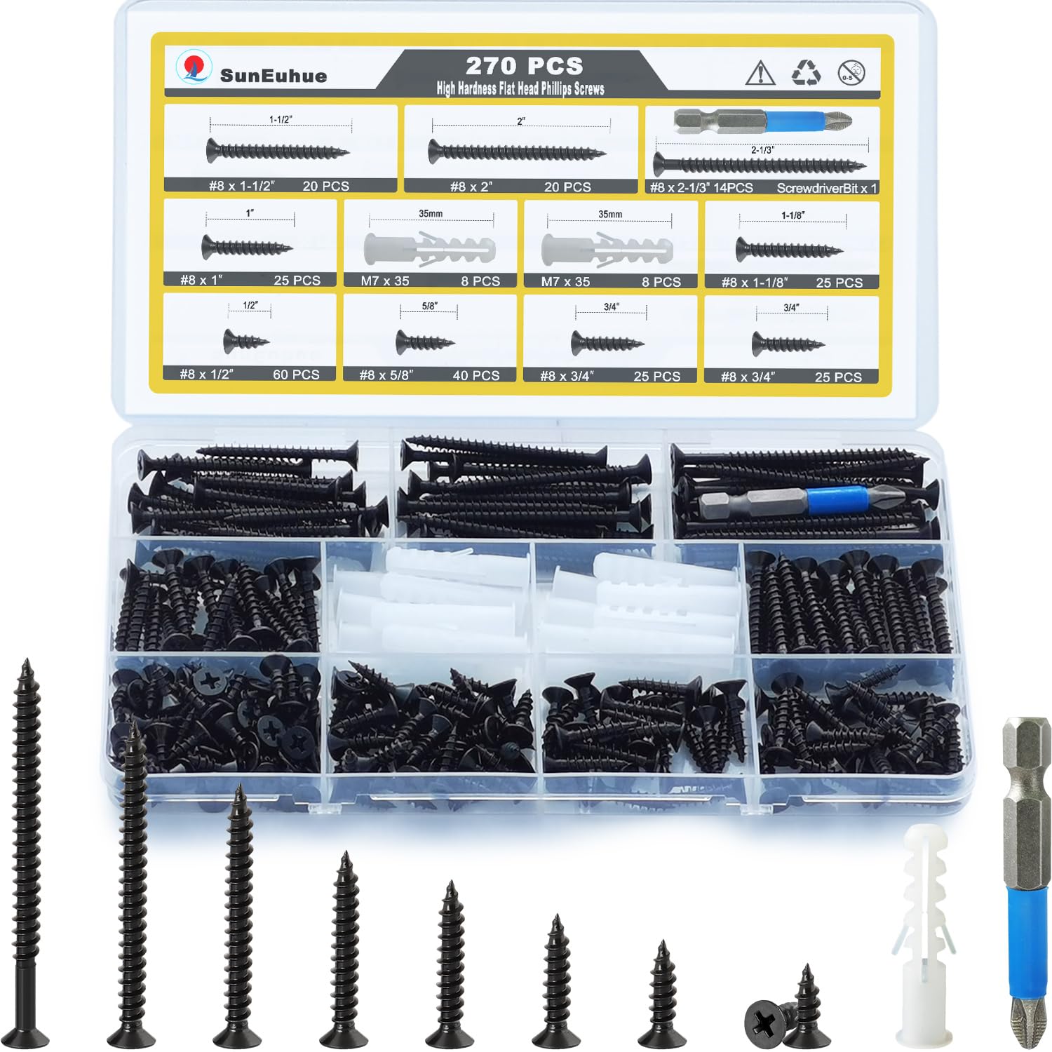270PCS Wood Screws Assortment Kit, Self Tapping Screw Set, #8, 8 Sizes