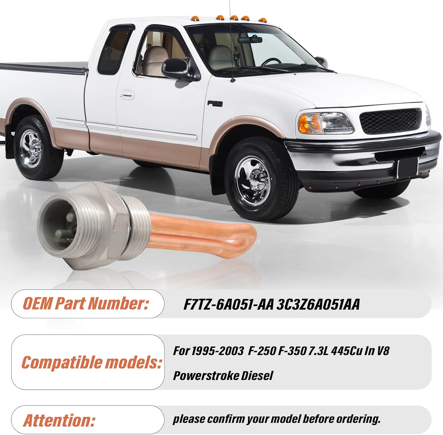 F7TZ-6A051-AA Engine Block Heater Assembly Compatible with 1995-2003 Ford F-250 F-350 V8-7.3L Engines Block Heating Unit 3C3Z6A051AA