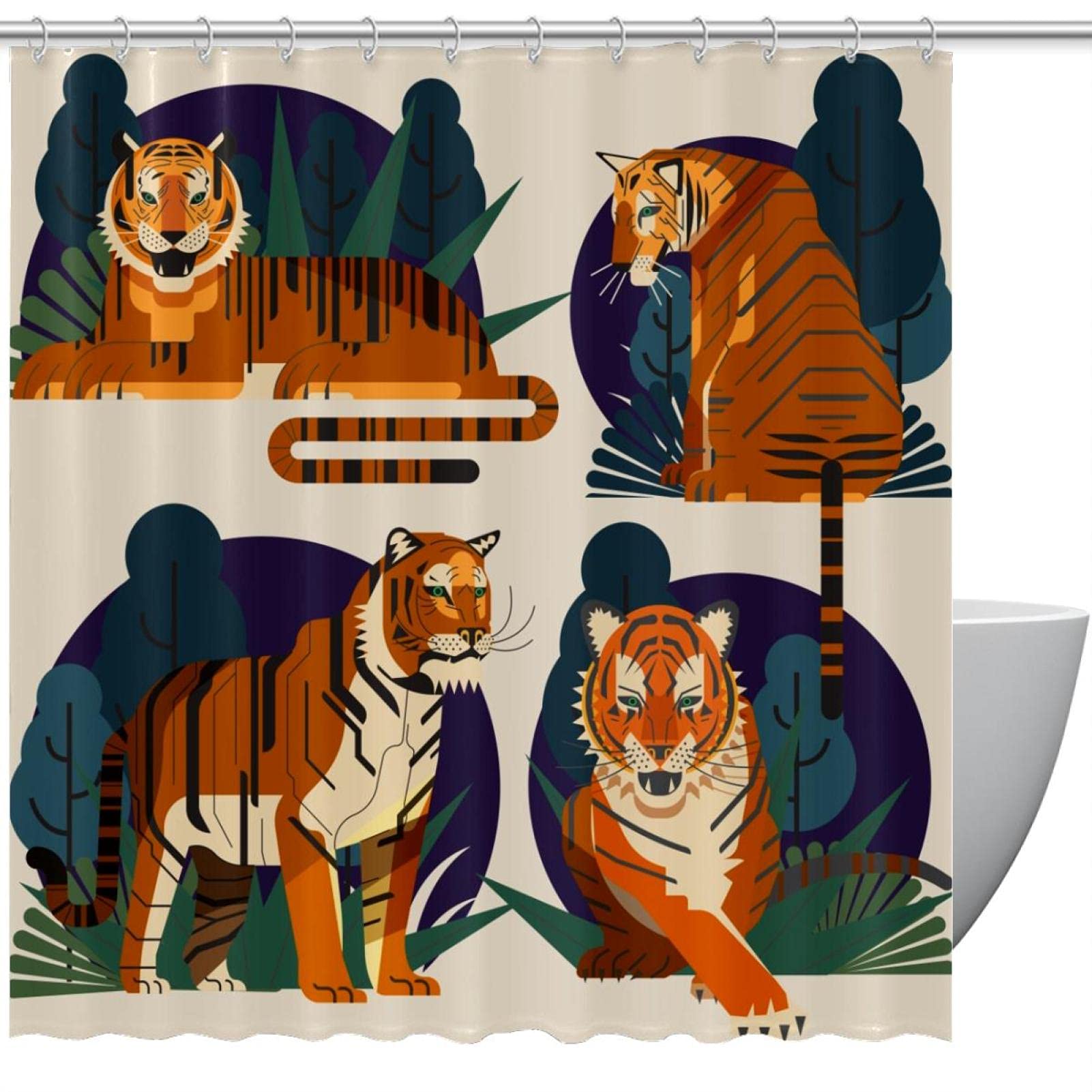 Rideau de douche montagne anti-éclaboussures motif forêt et tigre vintage 183 x 183