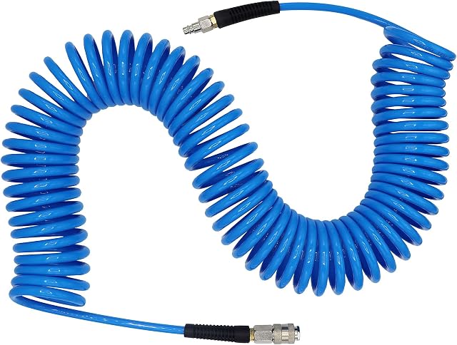 YOTOO Air Compressor Hose Polyurethane Recoil 15m Long 6mm ID x 9.5mm OD with Bend Restrictor, 1/4" Europe Quick Coupler and Plug, Blue