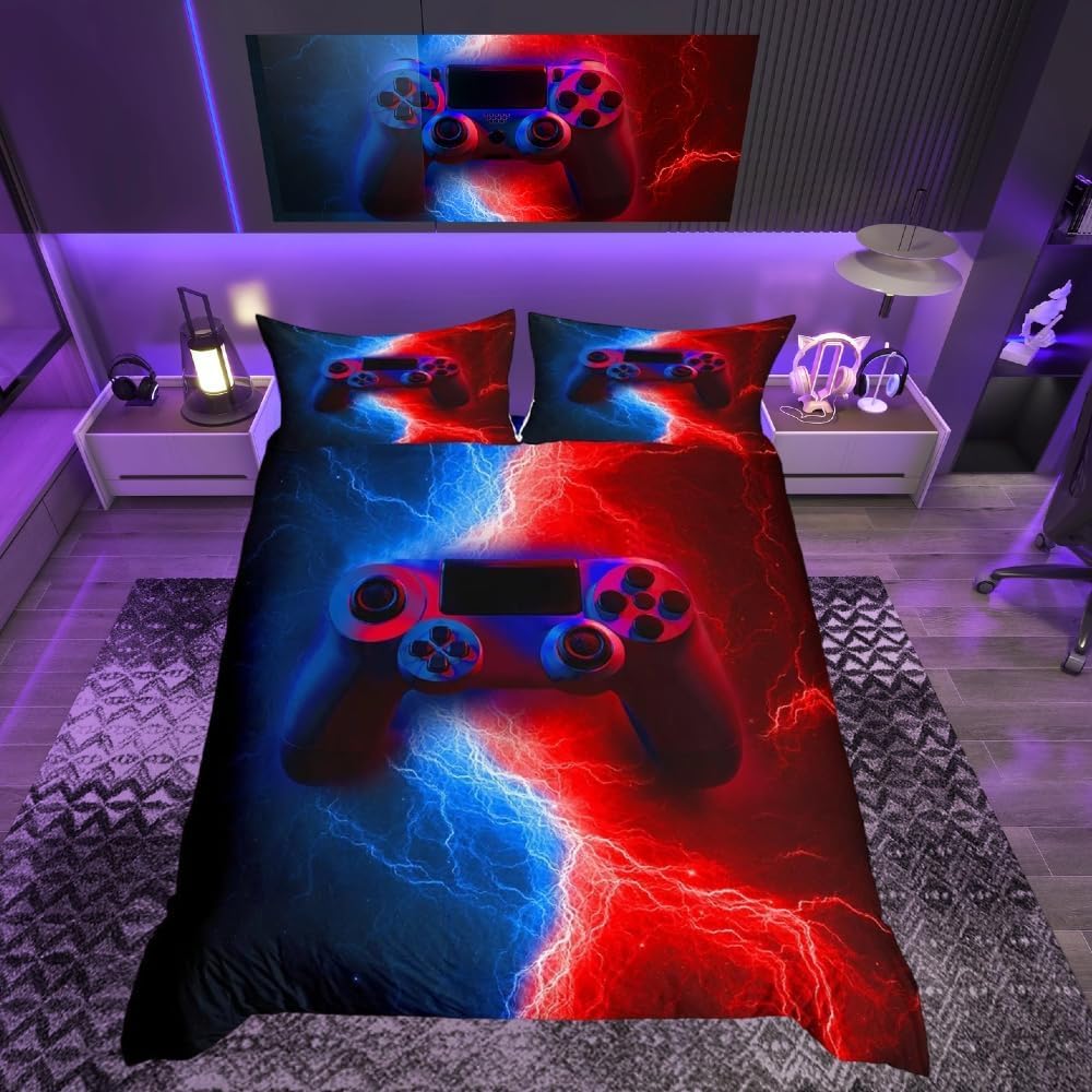 Loussiesd Gamer Gaming Bedding Sets King Size,Lightnings Gamepad Youth Duvet Cover, Video Games Comforter Cover for Kid Teens Boys Man, Modern Bedroom Decor 3 Pcs Bedding Set,Red Blue — image 1