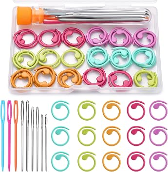Lokunn 50 Pcs Metal Crochet Stitch Markers, 5 Colors Spiral Metal Colorful Crochet Stitch Markers, Crochet Marker Ring, 9 Pcs Large Eye Blunt Sewing Needles with Storage Box for DIY and Craft Sewing