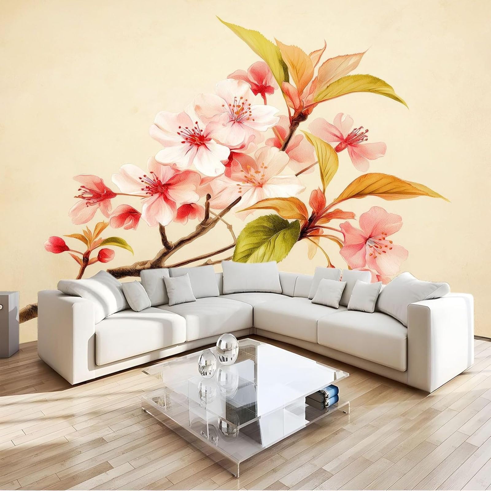 hgjdjhnf Non-Woven Photo Wallpaper, Cherry Blossom Branches, Brick wall Design, wall Decoration, wall Art for Living Room, Bedroom, Apartment, wall Mural, Beige, 430cm x 300cm