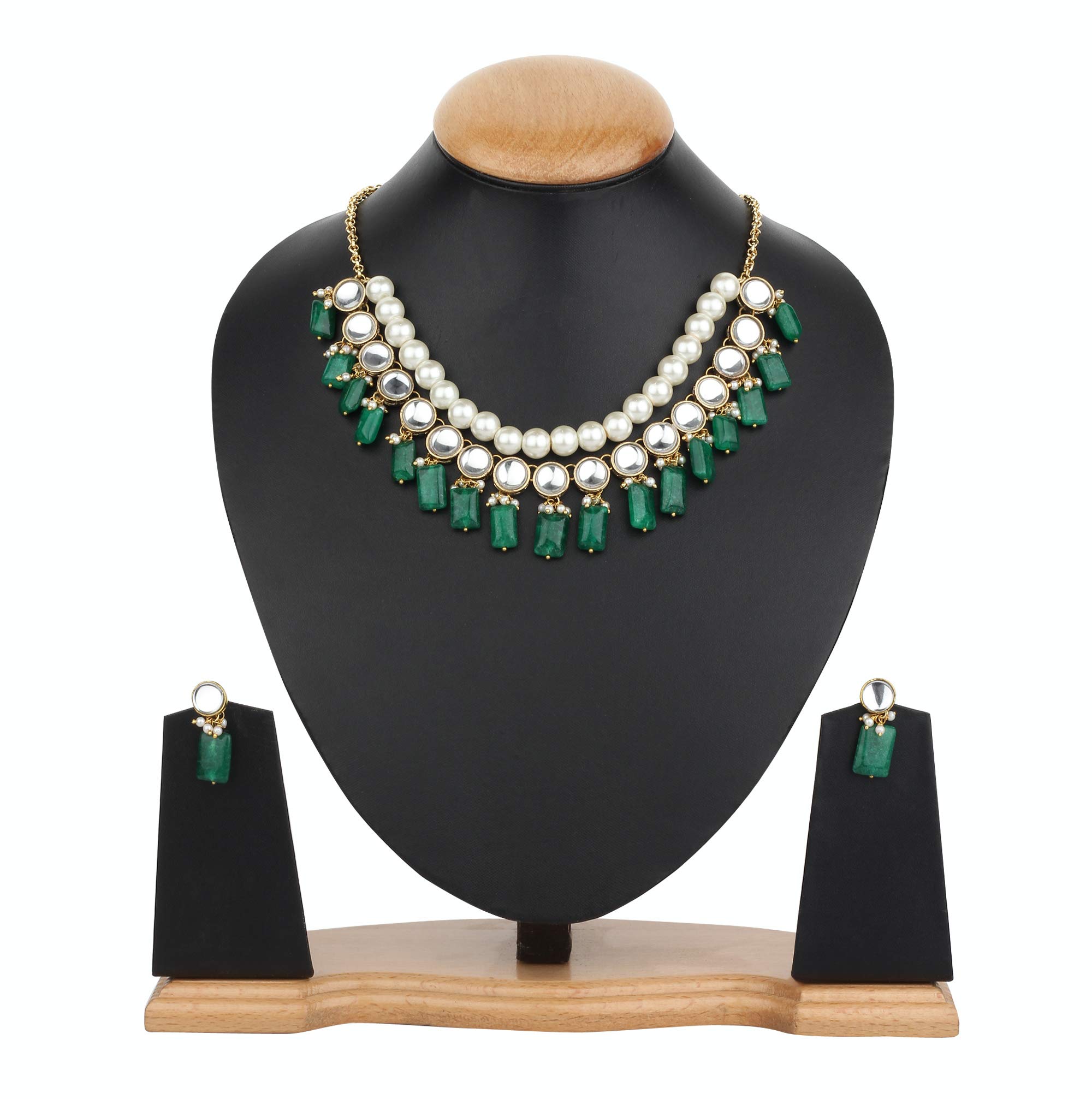 Abhika CreationsRed Green Stone Necklace With Matching Kundan Earrings Designer Style Choker Necklace Set Party Wear Bollywood Jewelry Set Indian Handmade Kundan Necklace Set (Green)