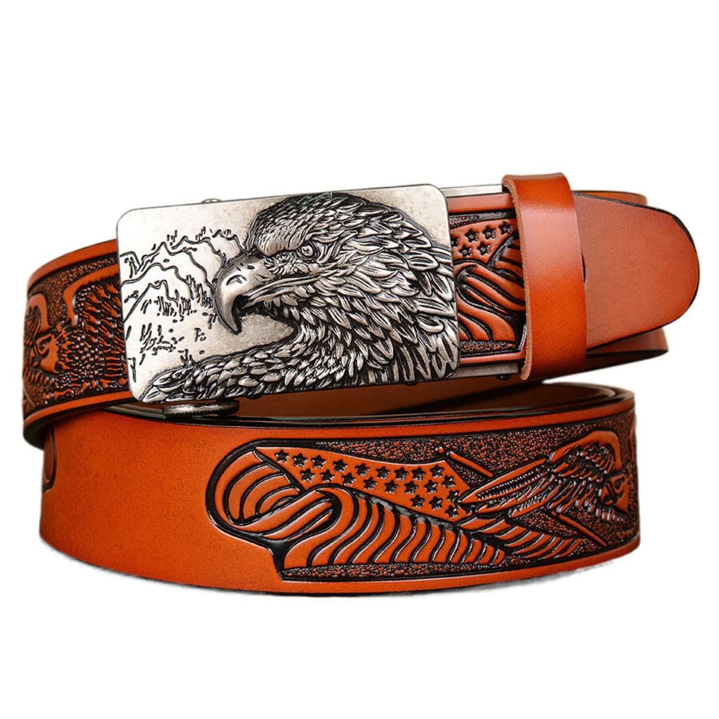 JIARY Cinture Da Uomo, Cintura Da Cowboy Occidentale Cintura In Vera Pelle Con Fibbia In Lega Con Motivo A Lettera Inglese 3D UVW,W Brown,120CM/47.3 - Foto 9