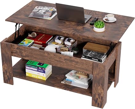 Dopinmin Coffee Table Lift Top Coffee Tables with Hidden Compartment and Storage Shelf Wooden Lift Tabletop for Living Room Brown