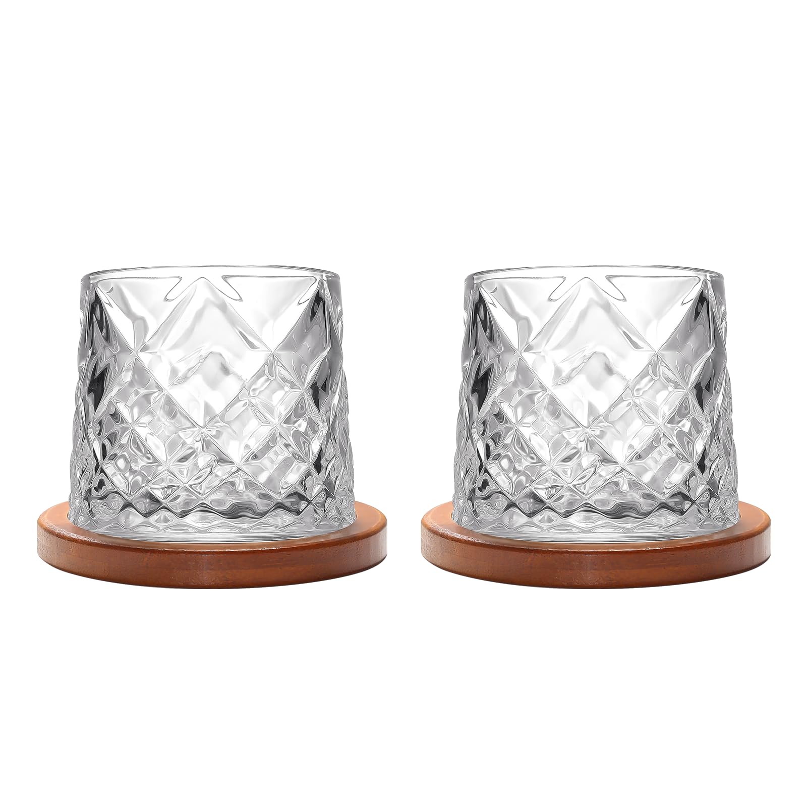 Rotatable Old Fashioned Whiskey Glass Set of 2, 275ml/10oz Crystal, Wood Coaster, Thickening, for Rum Cocktails, Coffee, Milk