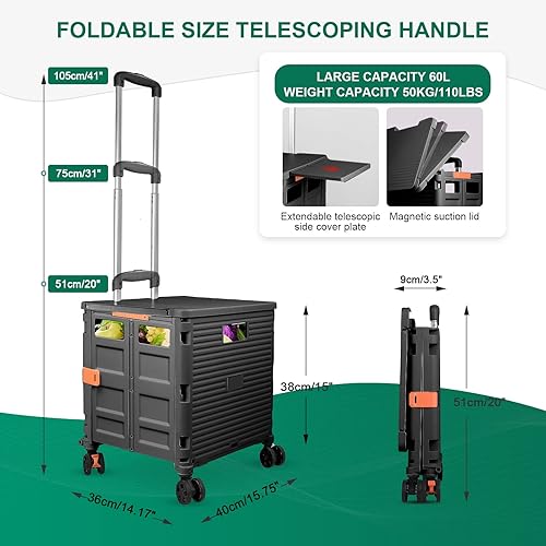 Miniatura 18 de FELICON SELORSS - Carrito plegable portátil con ruedas para subir escaleras y ruedas giratorias de 360°, mango telescópico, caja de plástico