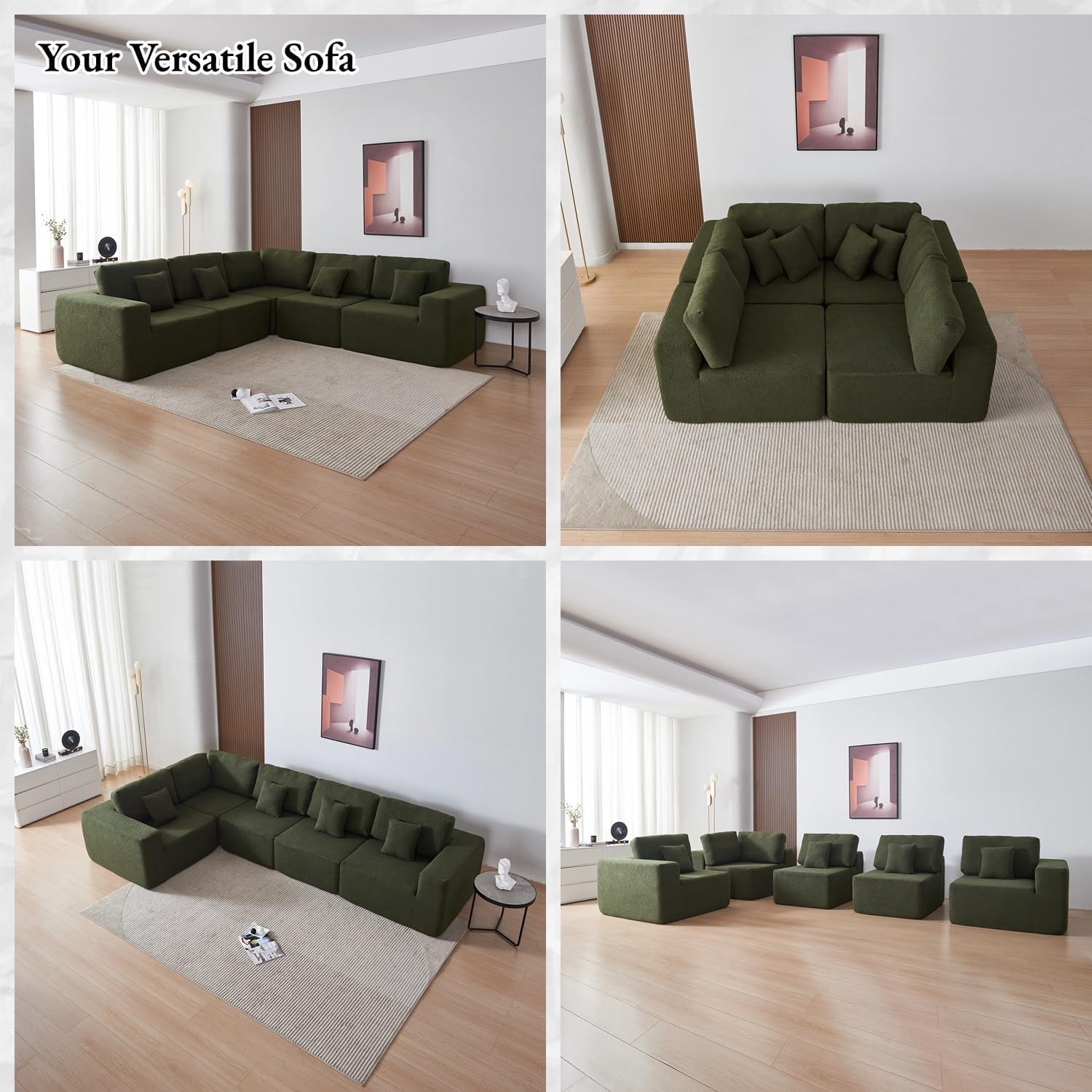 Modular Sectional Sofa Couch, Oversized L Shaped Modern Couch Sherpa Fabric Plush Floor Sofa 5 Seater for Living Room Office, Green