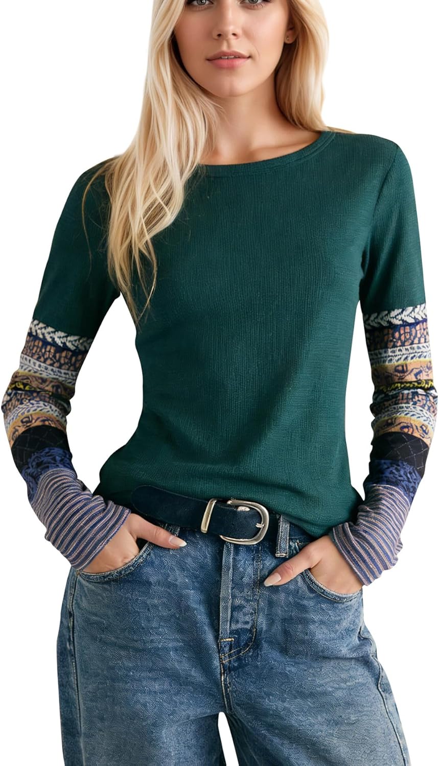 Women Waffle Knit Floral Cuffs Long Sleeve T Shirt Crew Neck Loose Fit Top Casual Fall Tee Top