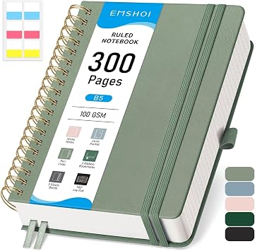 EMSHOI Lined Spiral Journal Notebook, 300 Numbered Pages, B5 7.4"x10" | College Ruled, Leather Hardcover, 100 GSM Thick Paper, for School, Writing, Work, Office & Journaling Light Green