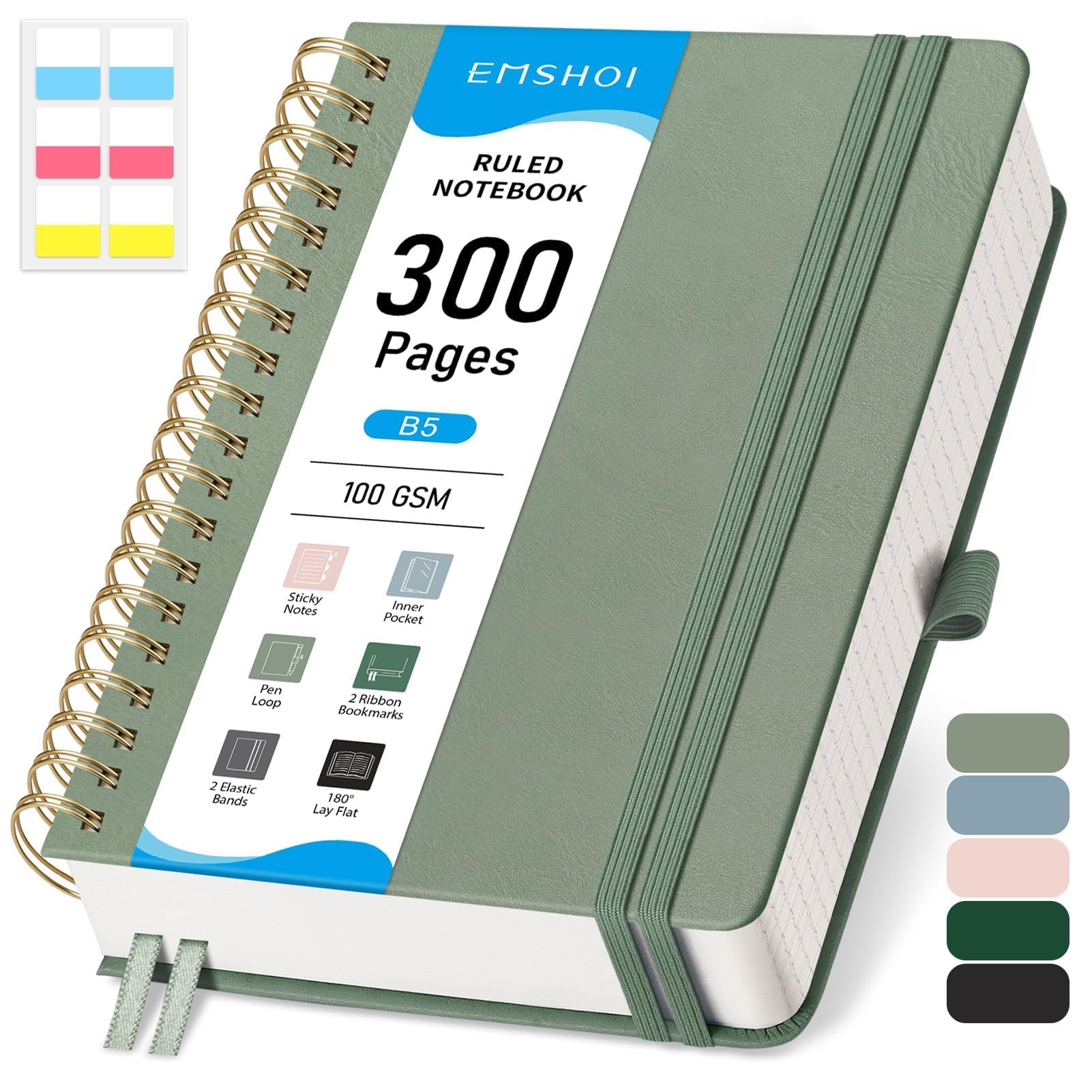 EMSHOI Spiral Notebook College Ruled, 300 Numbered Pages, B5 Large Hardcover Leather, 100 GSM Thick Lined Journal for Women Men Work Writing Journaling Note Taking, 7.48" x 10.15", Light Green