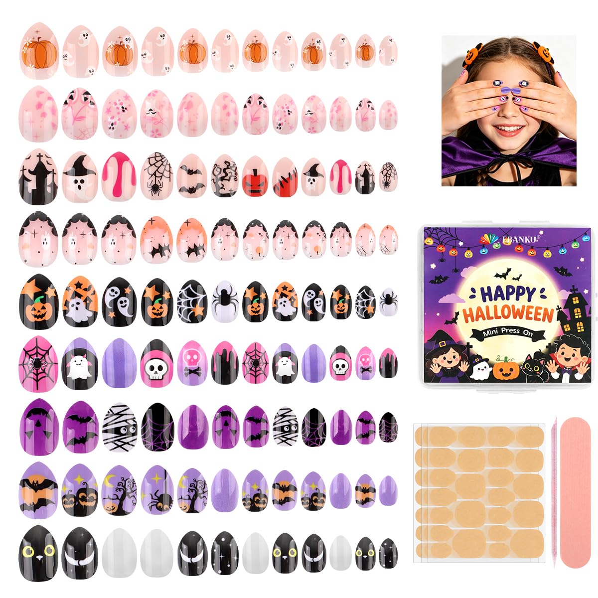 EBANKU 216Pcs Halloween Press on Nail Kids, 9 Styles Pumpkin Ghost Almond