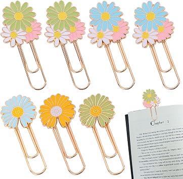 7 PCS Daisy Paper Clips Metal Paperclip Large Size Paper Clip Cute Bookmark Colorful Office Supplies Present for Teacher & Students, Bookmark Clamp Desk Accessories Stationery for School