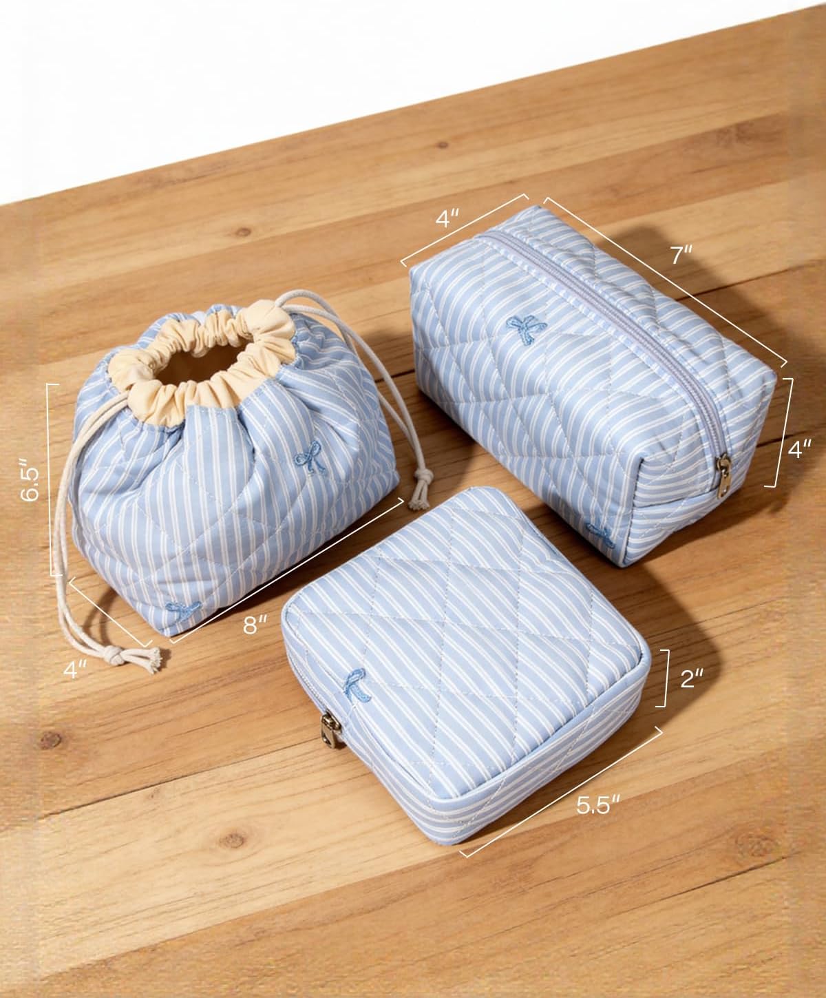 LETGO Cotton Quilted Drawstring Makeup Bag Set,3 Pcs Quilted Makeup Bag Set,Coquette Aesthetic Cute Travel Toiletry Bag,Drawstring Gift Bag Purse Pouch for Women and Girls. (3Pack-Blue double stripe)