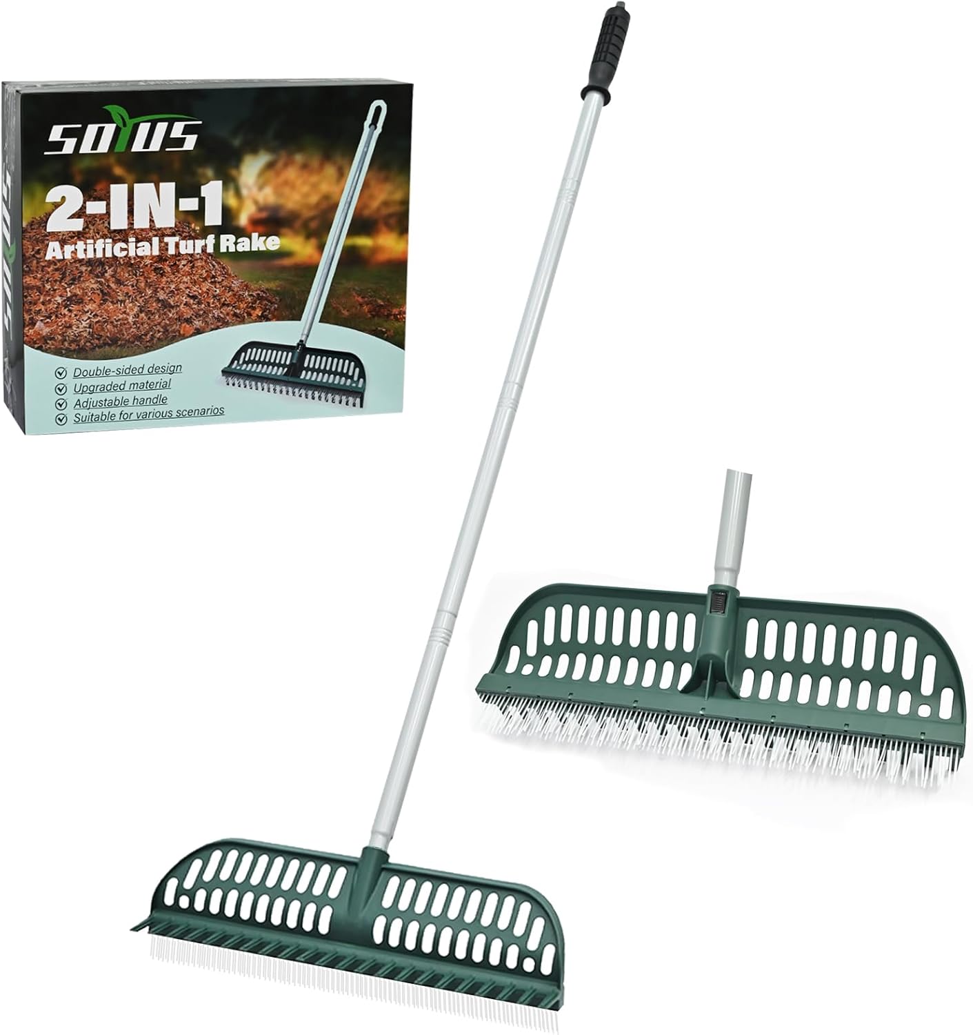 Artificial Turf Rake, 2 in 1 Turf Rake with Adjustable Steel Handle, 30" to 53" Long, 17.9 inch Wide for Artificial Grass and Lawn Leaf Removal, Carpet Rakes, Pet Hair Removal