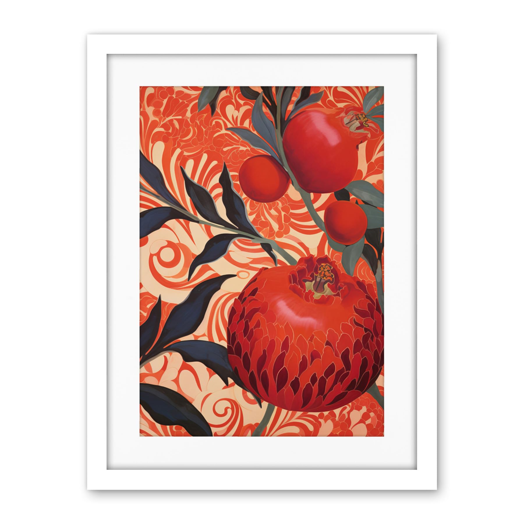 Artery8 Pomegranate Tree Grove Red and Blue Artwork Floral Patterns Artwork Framed Wall Art Print 18X24 Inch