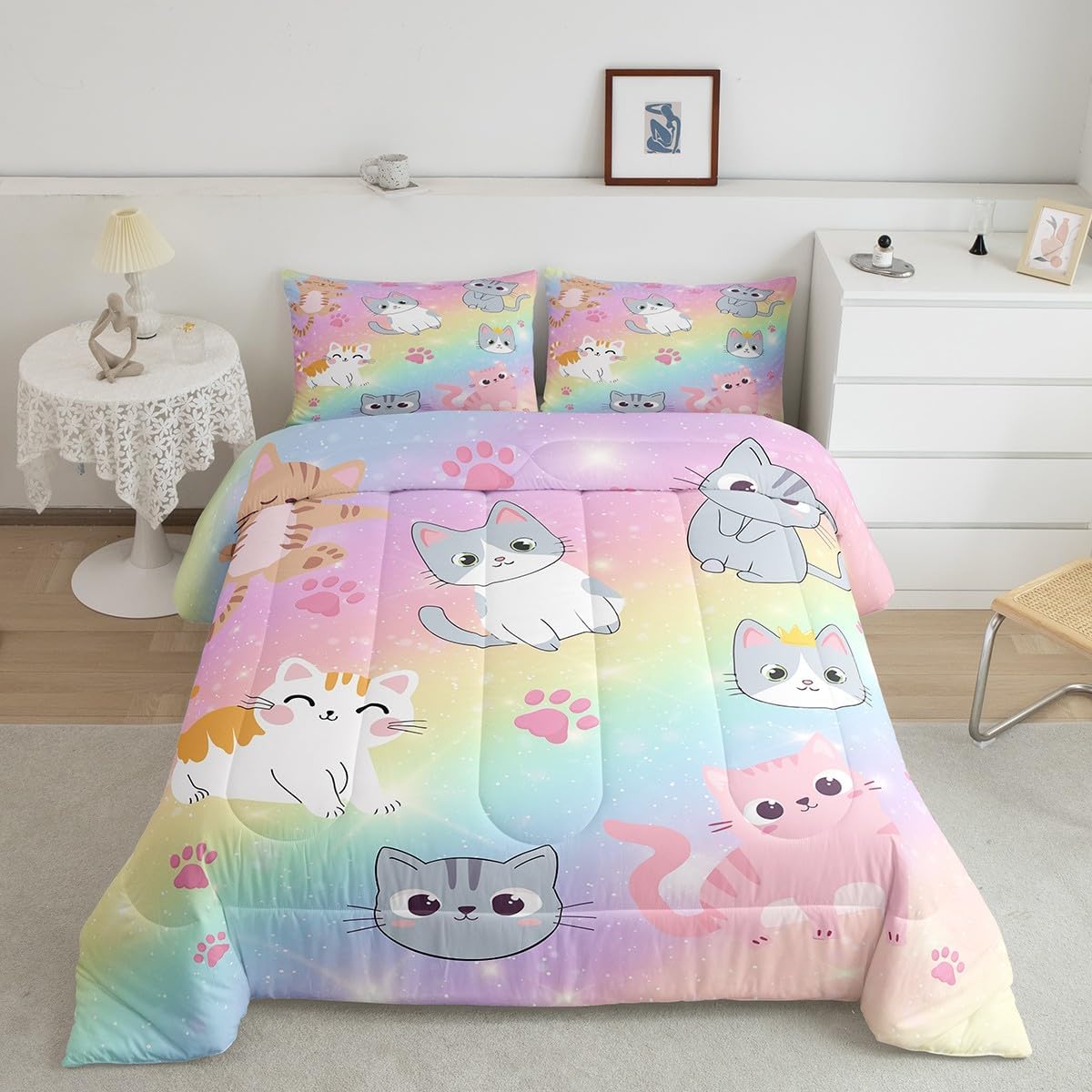 Erosebridal Rainbow Cat Twin Bedding Sets for Girls,Kids Cute Cat Comforter Set Teen Pastel Gradient Glitter Stars Cat Bed Comforter Sets Cartoon Animal Kitten Paw Quilt 1 Pillow Case Colorful
