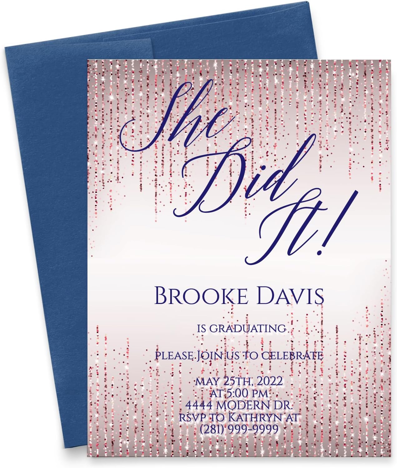 Modern Pink Paper Elegant Rose Gold Graduation Party Invitations Personalized She Did It Graduation Party Invites, Grad Party Invite for Girls, Your choice of Quantity and Envelope Color