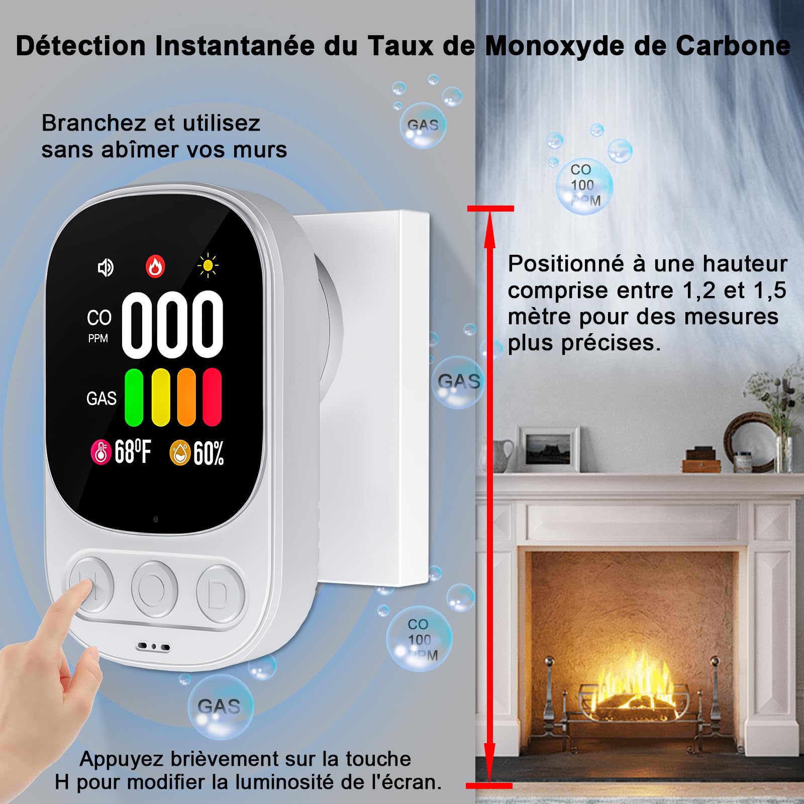 4 in 1 Plug in Detecteur Monoxyde Carbone 2-Pack(sans Piles) -Détecteur de Gaz avec Affichage Température et Humidité-Norme en 50291 - Alarme 85 DB - Blanc