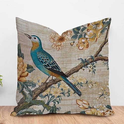ArogGeld Funda de cojín de estilo chinoiserie, color amarillo, gris, chinoiserie, pájaro, peonía, pavo real, decoración de granja para sofá, silla